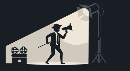 A flat design vector illustration depicting a film director in a spotlight, symbolizing the discovery and recognition of new talent at a film festival. This image highlights emerging voices in cinema.