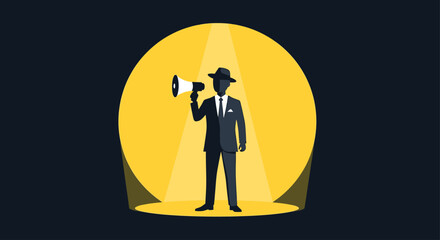 A flat design vector illustration depicting a film director in a spotlight, symbolizing the discovery and recognition of new talent at a film festival. This image highlights emerging voices in cinema.