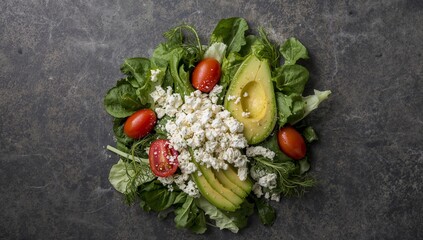 Arrangement of Salad Ingredients. Avocado, Tomatoes, and Crumbled Cheese a Culinary Composition.