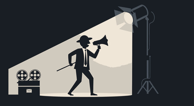 A flat design vector illustration depicting a film director in a spotlight, symbolizing the discovery and recognition of new talent at a film festival. This image highlights emerging voices in cinema.