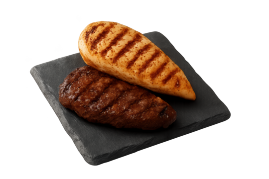 Two grilled meat kebabs on dark slate platter