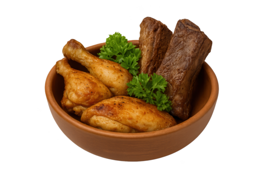 Clay bowl with roasted chicken wings, sausages, and parsley