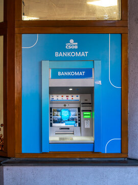 Bratislava, Slovakia - October, 8, 2025 : CSOB bank ATM in Bratislava. Ceskoslovensk&aacute; obchodni banka automatic teller machine.