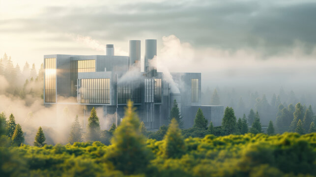 Sustainable energy facility surrounded by lush forest, emitting steam, showcasing modern architecture and eco friendly design - Powered by Adobe
