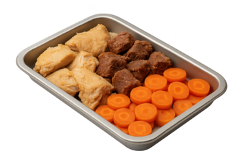 Metal tray containing light and dark chicken chunks with sliced carrots