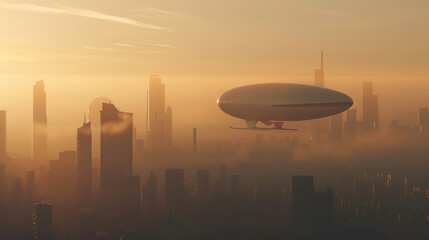 Futuristic solar airship floats above skyline in eco city during sunset, creating serene and innovative atmosphere