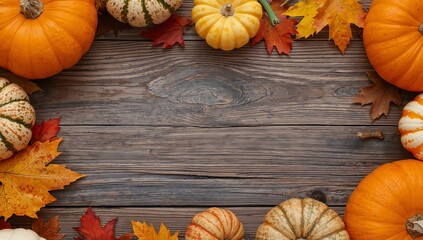 Autumnal Arrangement. Gourds and Leaves on Wood, Colors, Shapes, and Visual Textures.