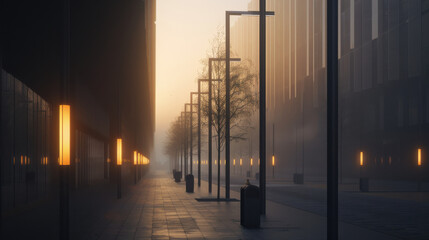 Serene urban street scene at dawn, featuring modern architecture, soft fog, and illuminated street lamps creating tranquil atmosphere