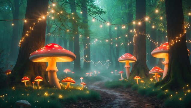 Path with a bunch of red mushrooms on it