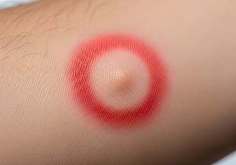 Urticaria (Hives): "A close-up of a raised, red, well-defined wheal (hive) on an arm, surrounded by a flare of redness.