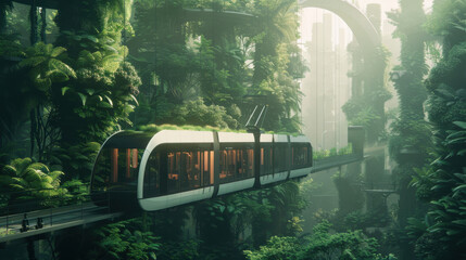 Futuristic tram glides through lush vertical gardens, surrounded by soft mist and vibrant greenery, creating serene and innovative atmosphere