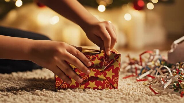 A child's hands eagerly unwrapping a festive Christmas gift on the floor, with twinkling holiday lights in the background