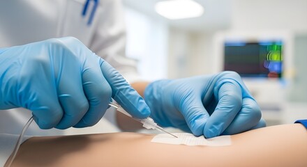 Medical professional’s hand inserting IV catheter with gloves, showing precise technique in a modern hospital setting
