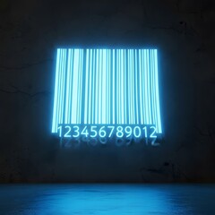 A glowing blue barcode projection on a dark wall, illuminated with bright lines and numbers at the bottom, creating a futuristic and high-tech visual effect
