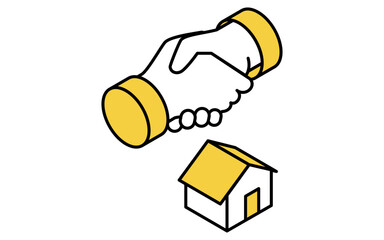 不動産購入、契約締結時の握手のシンプルな線画アイソメトリックイラスト