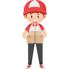 Smiling young delivery person wearing red cap and shirt holding a cardboard box with hands on hips white background studio shot