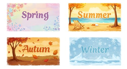 Colorful illustrations showcasing four seasons spring blossoms, summer beach, autumn leaves, and winter snow