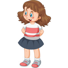 Smiling young girl with brown curly hair blue eyes wearing a striped pink and white t-shirt and a dark blue skirt and sneakers standing with hands behind her back on a transparent background