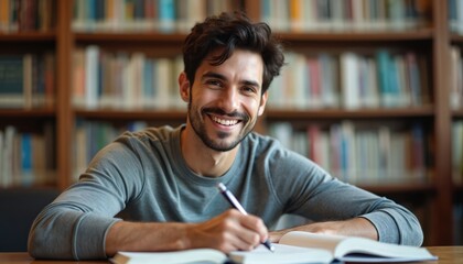 Young man with dark hair smiles while studying books at library table. He holds pen, writing notes in open textbook with pen near bookshelves. Focused student prepares for exam.