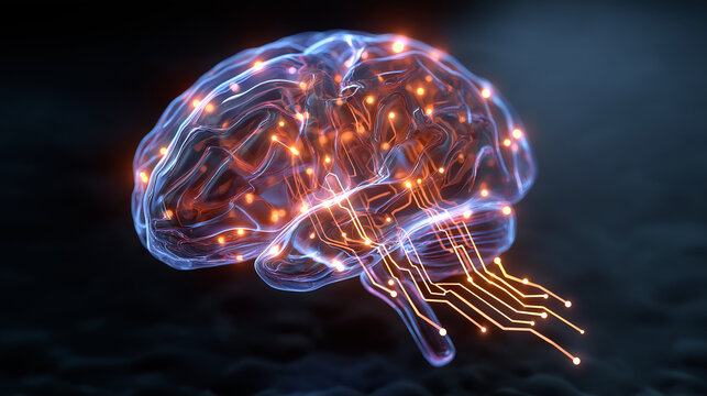 A glowing holographic human brain connected by neon circuitry lines, representing advanced artificial intelligence and neural networks in a dark futuristic lab. - Powered by Adobe