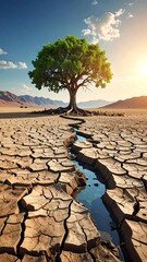 A lone, thriving tree stands in a cracked, arid landscape. A stream flows from it. Sun blazes on dry ground, under blue sky