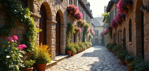Stone alleyway in old town with potted plants and flowers. Cobblestone path leads between historic buildings with arched doorways. Sunny day creates shadows on the ground.