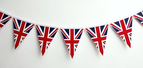 Bright bunting displays British flag indoors creating festive atmosphere. Colorful triangular decorations adorn white background perfect for celebrations, patriotic events. Illustration represents
