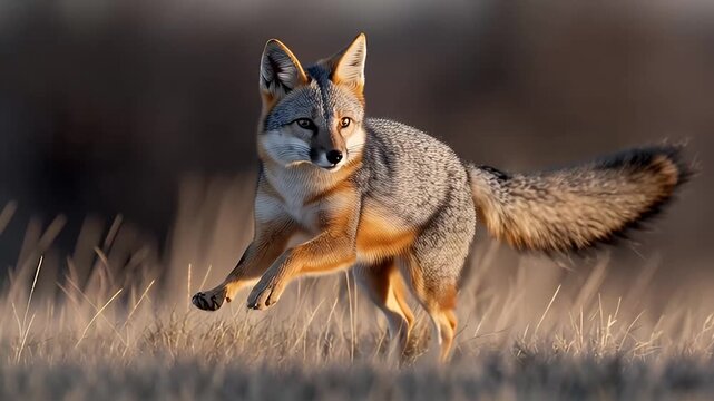 Swift Gray Fox Leaping Through Dry Grass at Golden Hour Wildlife Action