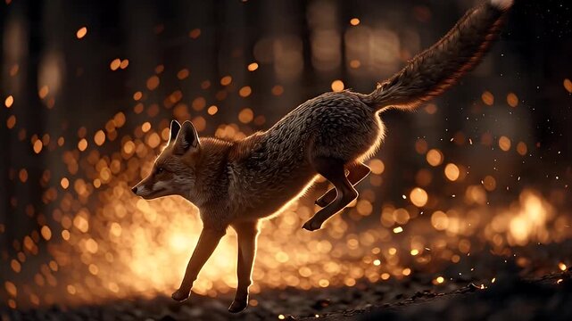 Wild Red Fox Leaping Through Golden Sparks and Bokeh Lighting
