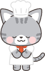 笑顔でお辞儀をするサバトラネコのシェフ