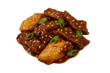 Sesame-coated pastry bites on white plate, garnished with green onions