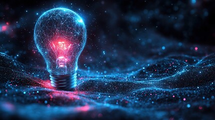 Fototapeta premium Abstract Digital Illustration of a Glowing Light Bulb in a Cosmic, Particle-Filled Landscape