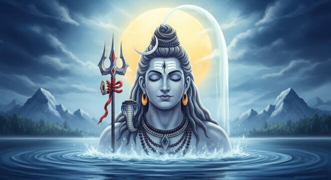 Lord shiva meditating in a serene lake with mountains and a bright sun