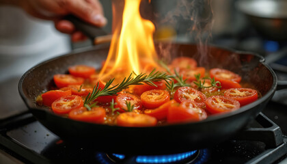Chef cooks cherry tomatoes with rosemary in pan on gas stove. Flames engulf food, creating dramatic culinary moment. Professional cooking at its finest with intense heat.