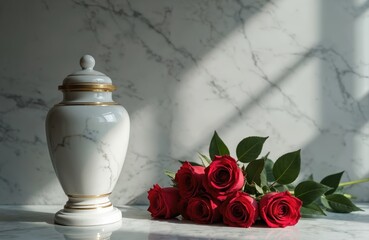 White cremation urn with red roses on marble surface. Memorial arrangement for funeral tribute, remembrance of deceased. Somber scene of loss, grief final farewell. Last respect at sad ceremony