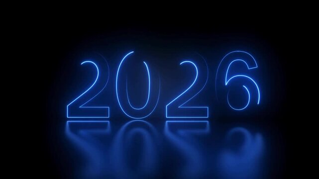 Blue Neon Outline Tracing of Year 2026 Number on Reflective Black Floor - Futuristic New Year Motion Graphic