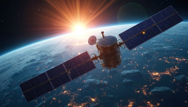 Telecommunication satellite in space with solar panels. Earth planet with sunrise and city lights below. Satellite technology for global connectivity and data processing.