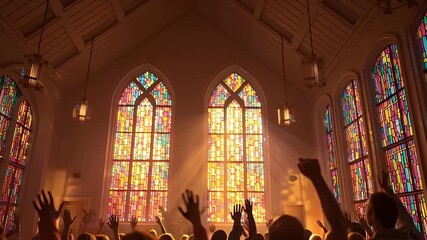 Worshipers raise hands in church toward sunlit stained glass windows - Powered by Adobe
