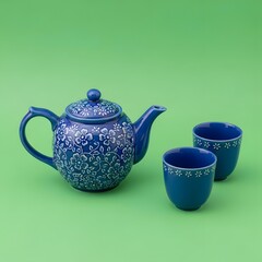 A vibrant blue teapot with matching cups featuring intricate floral patterns set against a bright green background, creating a lively and colorful scene