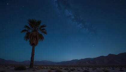 Date palm tree under starry night sky in desert landscape. Milky Way is visible in night sky. Tranquil scene features silhouette of mountains with copy space area.