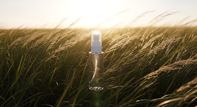 Clear cosmetic spray bottle mockup in a sunlit field of tall golden grass at sunset - Powered by Adobe