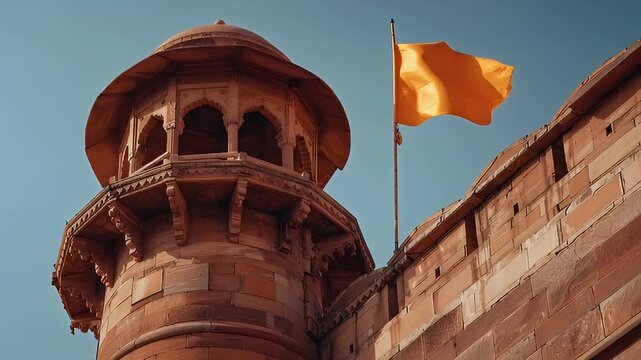 Saffron flag waving on historic shivaji forts tower. 4K Video