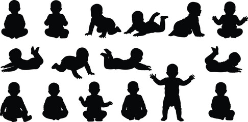 Happy baby silhouettes collection, cute toddler poses sitting and playing, playful infant movement, joyful children figures, black and white vector illustration set for parenting.