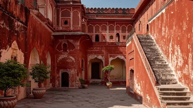 Historic Indian Fort Courtyard in Rajasthan Red Architecture