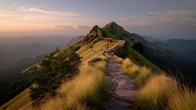 Historic Mountain Ridge Path at Sunset Golden Hour