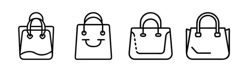 Set of four shopping bag icons with handles and simple designs in line art style