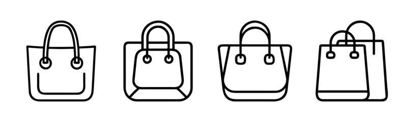 Collection of four fashionable tote bag icons perfect for style and shopping graphics