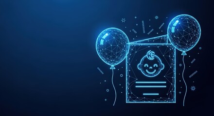 Baby announcement card with balloon and smiling face