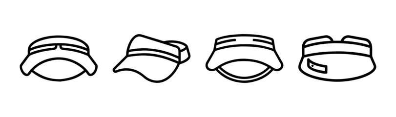 Collection of four different hand-drawn style caps and visors line art icons