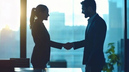 Business colleagues shaking hands in a modern office during sunset hours, business colleagues in agreement shaking hands during a meeting slow motion - Powered by Adobe